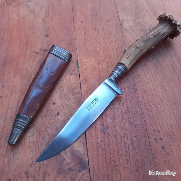 Joli Couteau de Chasse NICKER GUSS STAHL SOLINGEN Manche en Bois de Chevreuil Certi avec �tui en cui