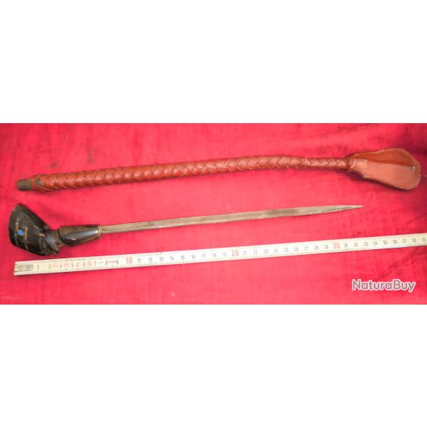 Cravache cuir fauve tress� avec lame dague int�gr�e t�te N�fertiti en corne confection ann�es 1930