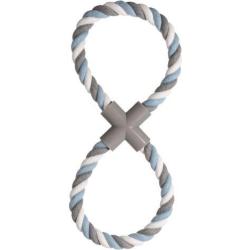 JOUET CHIEN COTON CORDE A TIRER 8 ANNEAUX BLEU BLANC GRIS 37CM