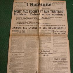 WW2 FRANCE JOURNAL FRANCAIS " L'HUMANIT&Eacute; 22 AOUT 1944 ' &Eacute;POQUE LIB&Eacute;RATION DE PARIS (39-45)