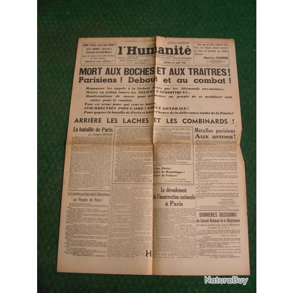 WW2 FRANCE JOURNAL FRANCAIS " L'HUMANIT� 22 AOUT 1944 ' �POQUE LIB�RATION DE PARIS (39-45)