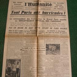 WW2 FRANCE JOURNAL FRANCAIS " L'HUMANIT&Eacute; 23 AOUT 1944 ' &Eacute;POQUE LIB&Eacute;RATION DE PARIS (39-45)