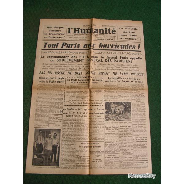 WW2 FRANCE JOURNAL FRANCAIS " L'HUMANIT� 23 AOUT 1944 ' �POQUE LIB�RATION DE PARIS (39-45)