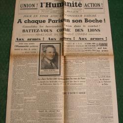 WW2 FRANCE JOURNAL FRANCAIS " L'HUMANIT&Eacute; 24 AOUT 1944 ' &Eacute;POQUE LIB&Eacute;RATION DE PARIS (39-45)