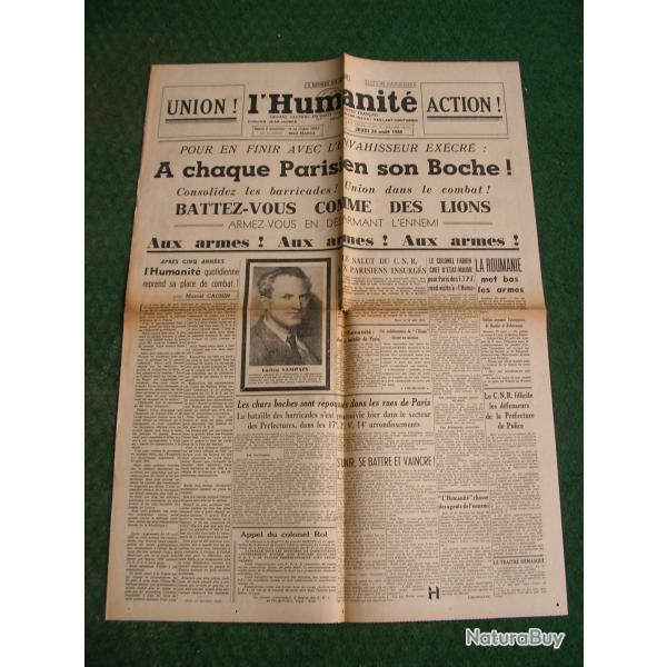 WW2 FRANCE JOURNAL FRANCAIS " L'HUMANIT� 24 AOUT 1944 ' �POQUE LIB�RATION DE PARIS (39-45)