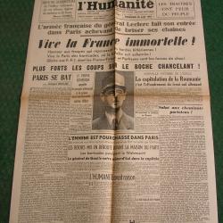 WW2 FRANCE JOURNAL FRANCAIS " L'HUMANIT&Eacute; 25 AOUT 1944 ' &Eacute;POQUE LIB&Eacute;RATION DE PARIS (39-45)