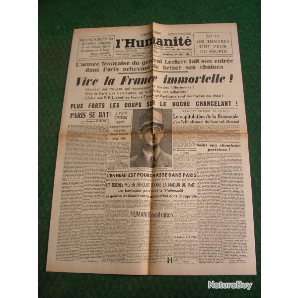 WW2 FRANCE JOURNAL FRANCAIS " L'HUMANIT� 25 AOUT 1944 ' �POQUE LIB�RATION DE PARIS (39-45)