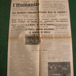 WW2 FRANCE JOURNAL FRANCAIS " L'HUMANIT&Eacute; 26 AOUT 1944 ' &Eacute;POQUE LIB&Eacute;RATION DE PARIS (39-45)