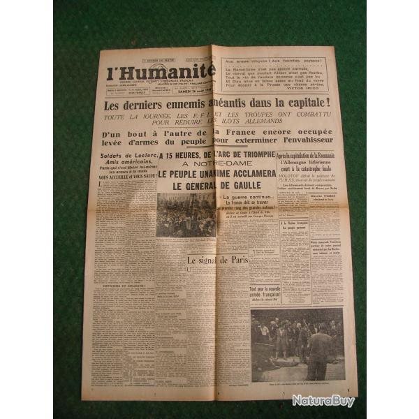 WW2 FRANCE JOURNAL FRANCAIS " L'HUMANIT� 26 AOUT 1944 ' �POQUE LIB�RATION DE PARIS (39-45)