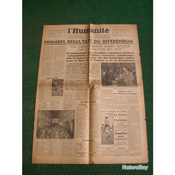 WW2 FRANCE JOURNAL FRANCAIS " L'HUMANIT� 6 MAI 1946 ' �POQUE ARMISTICE A+1 (39-45)