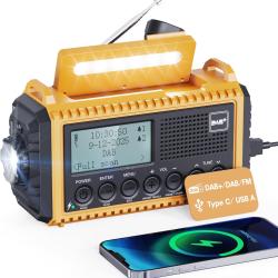 Radio &agrave; Manivelle Dab/FM Solaire Batterie 5000mAh USB &Eacute;cran LCD Lampe Torche &Eacute;tanche IPX4 SOS
