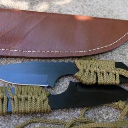 Lot de 2 Couteau de Survie Lame Drop Point Acier Inox Manche Corde Etui Simili Cuir
