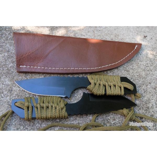 Lot de 2 Couteau de Survie Lame Drop Point Acier Inox Manche Corde Etui Simili Cuir