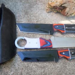 Lot de 3 Couteau Karambit Tactical Lame Tanto Acier Carbone 1055 Manche ABS/Bois Etui Fab Artisanale