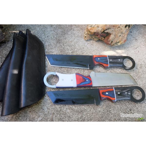 Lot de 3 Couteau Karambit Tactical Lame Tanto Acier Carbone 1055 Manche ABS/Bois Etui Fab Artisanale