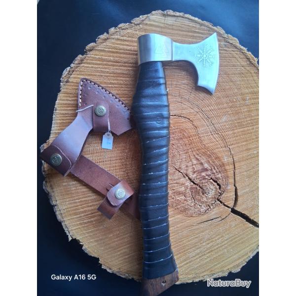 H2 - Hache style Viking - Manche gain� cuir - �tui cuir