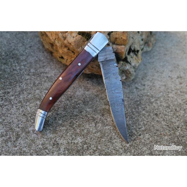 Couteau Damas Lame 128 Couches Fa�on L'Aveyronnais Manche Bois Rosewood Fabrication Artisanale 00