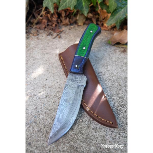 Couteau Skinner Lame Acier Damas 256 Couches Manche Green/Black Etui Cuir Fabric Artisanale