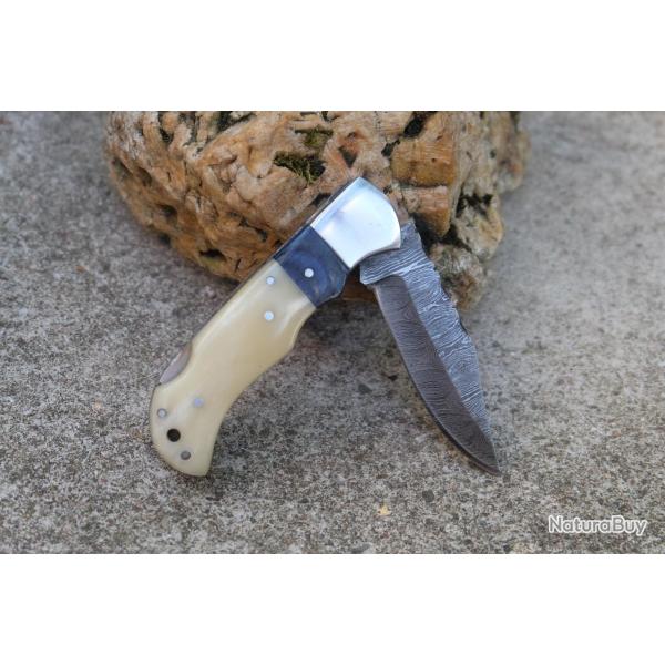 Couteau Lame Damas 128 Couches Manche Os/Bois Fa�on Buck 112 Lockback Fabr Artisanale 01
