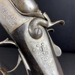 Fusil de commande DABADIE Toulouse cal. 16 - canons L&eacute;opold Bernard - chiens ext&eacute;rieurs - armoiries