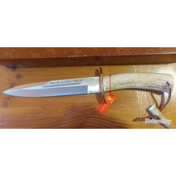 Couteau de chasse MUELA ALCARAZ lame fixe inox 19,5 cm - manche en bois de cerf + lacet et �tui cuir