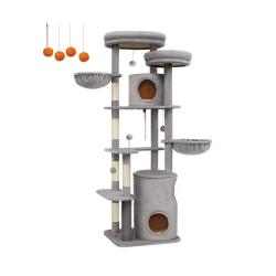Arbre &agrave; chat 196 cm forme de tour poteau griffoir int&eacute;rieur multi-niveaux 2 plateformes 3 niches 2