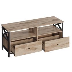 Meuble TV industriel table t&eacute;l&eacute; jusqu'&agrave; 55 pouces avec 2 tiroirs et 2 &eacute;tag&egrave;res ouvertes 120 x 40 x