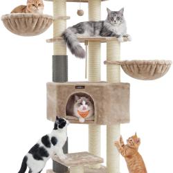 Arbre &agrave; chat grand et stable avec niches hamacs poteaux &agrave; griffer 50 x 50 x 160 cm en plastique bei