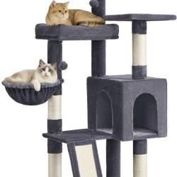 Arbre &agrave; chat tour avec 3 grandes plateformes et 1 niche 48 x 48 x 136 cm en sisal gris fonc&eacute; 12_001