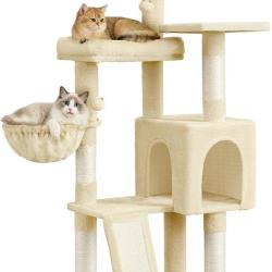 Arbre &agrave; chat tour avec poteaux &agrave; griffer 48 x 48 x 136 cm 3 plateformes 1 niche 1 panier en sisal b