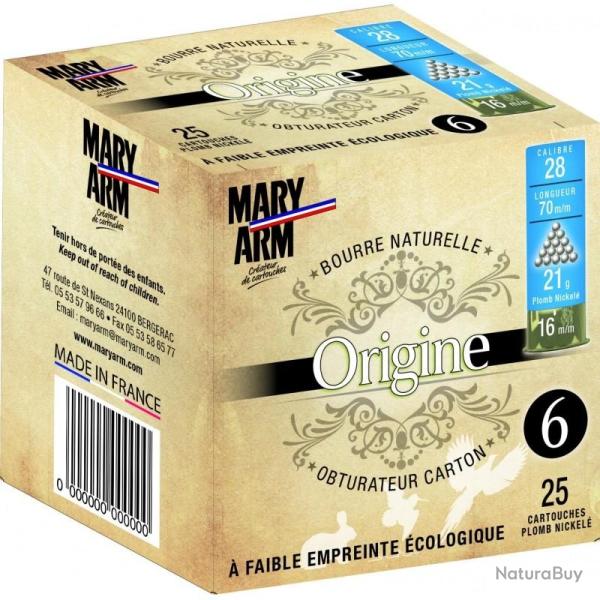 BOITE DE 25 CARTOUCHES MARY ARM ORIGINE BOURRE GRASSE CAL.28/70 PLOMB 6 NICKELE