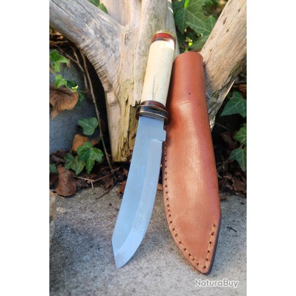 Poignard Puukko Couteau Lame Acier Inox Harpoon Manche Os Fabric Artisanale Etui Cuir