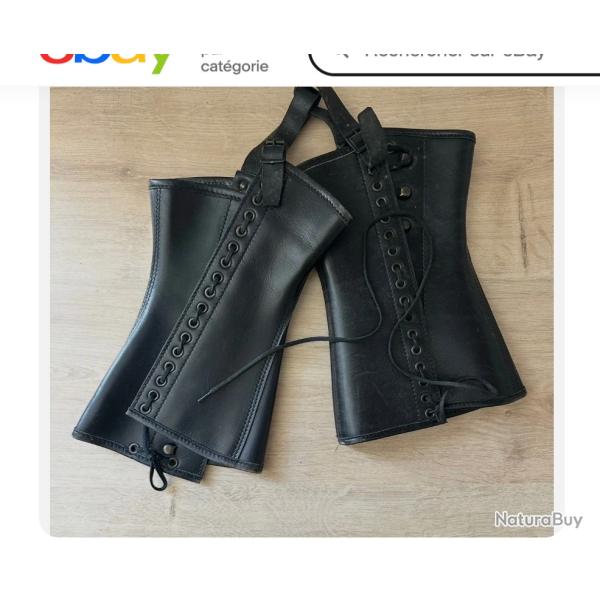 Paire de Gu�tres Jambi�res Cuir Noir Arm�e Fran�aise Gendarmerie Militaire 24 cm