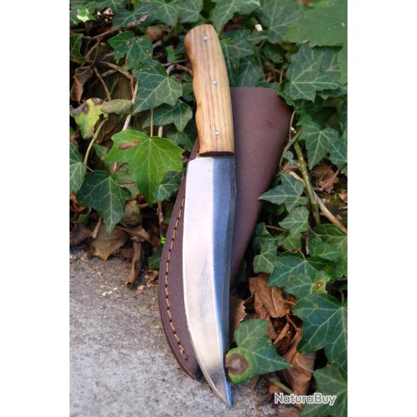 Couteau Skinner Bushcraft Chasse Lame Acier Carbone 1075 Manche Bois Olivier Etui Cuir Fabr Artisan