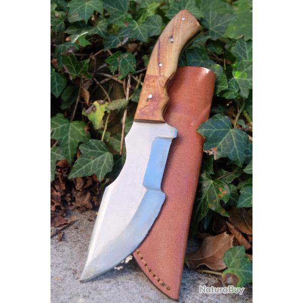 Couteau Bushcraft Trakker Survie Lame Acier Carbone 1055 Manche Bois Olivier Etui Cuir F Artisanale