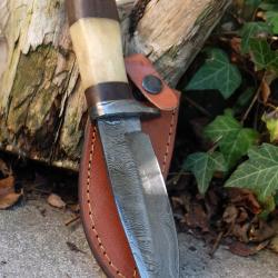 Couteau Poignard Lame Acier Damas 256 Couches Manche Bois/OS Garde Damas Etui Cuir Fabric Artisanale