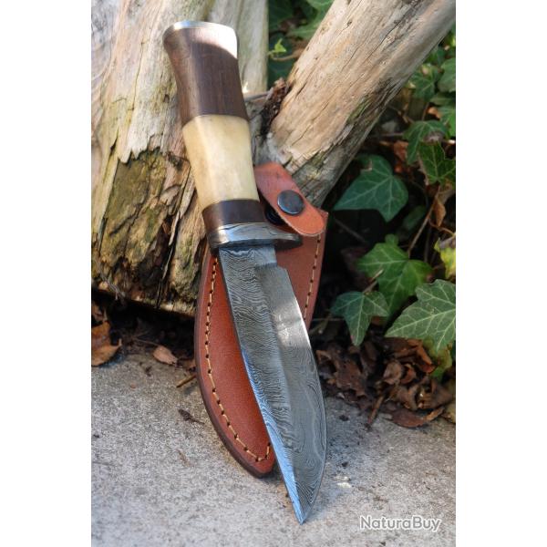Couteau Poignard Lame Acier Damas 256 Couches Manche Bois/OS Garde Damas Etui Cuir Fabric Artisanale