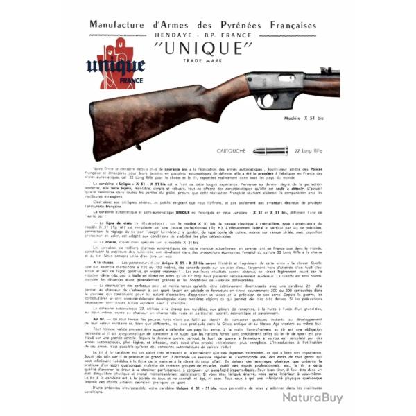 Unique X51 / X51 bis 22 LR semi auto - Documentation constructeur (scan)
