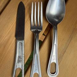 Lot 3 couverts de campagne US WW2 originaux - Couteau, fourchette, cuill&egrave;re (Mess Kit)