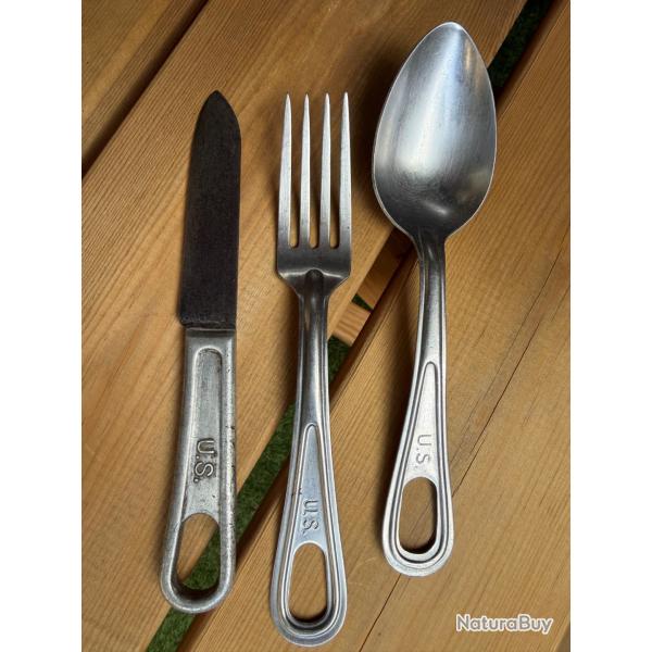 Lot 3 couverts de campagne US WW2 originaux - Couteau, fourchette, cuill�re (Mess Kit)