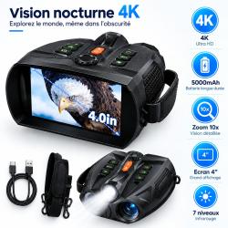 Jumelles de Vision nocturne 4K, batterie 5000 mAh, &eacute;cran 4 pouces, Zoom 10X,  lampe tactique