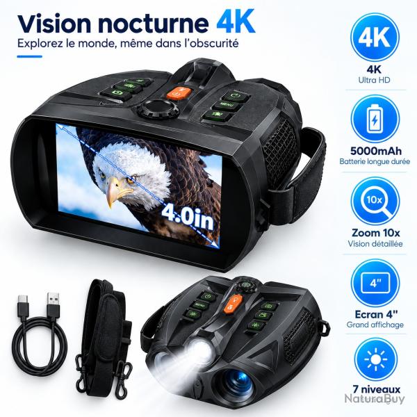 Jumelles de Vision nocturne 4K, batterie 5000 mAh, �cran 4 pouces, Zoom 10X,  lampe tactique