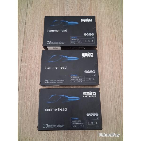 Livraison offerte/ 3 Boites de Sako 270Win Hammerhead 156gr
