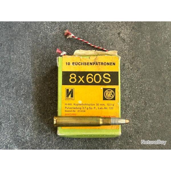 boite de 10 cartouches 8 x 60 S marque RWS - balle nickel pointe cuivre - PRIX PORT COMPRIS