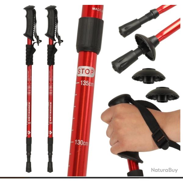 B�tons de Trekking Pliants R�glables 65-135 cm - Randonn�e Marche Nordique - Lot de 2 Rouge