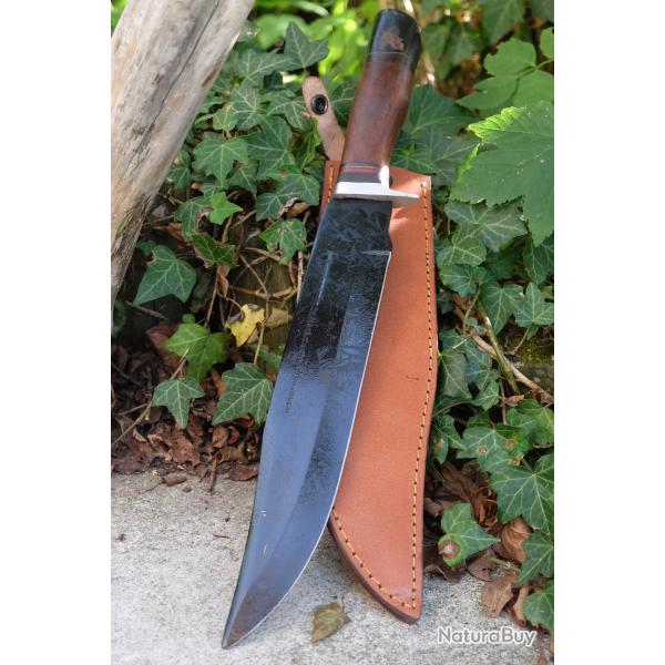GROS Couteau Bowie Machette Lame Clip Point Acier 3Cr13 Manche Bois Etui Cuir Crocodile Dundee