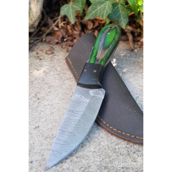 Skinner Couteau Damas Lame 256 Couches Lame Drop Point Manche Green/Black Fabr Artisanale Etui Cuir