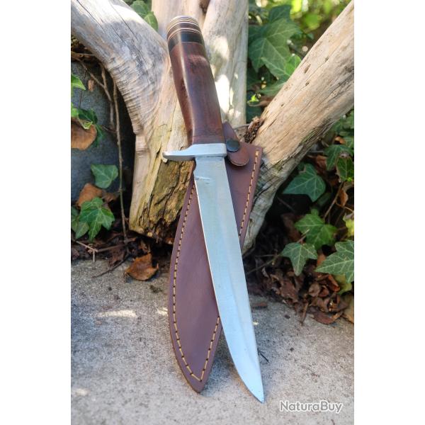Couteau de Chasse Bowie Lame Drop Point Acier Carbone 1055 Manche Bois Etui Fabr Artisanale