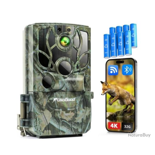 Cam�ra de Chasse 4K 48MP WiFi Bluetooth - Vision Nocturne 20m - PIR 0,2s - Carte 32Go