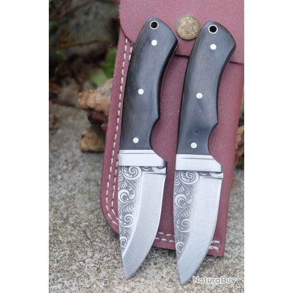 Lot de 2 Couteau Skinner de Poche Lame Drop Point Acier 3CR13 Satin Manche Bois Etui Nylon